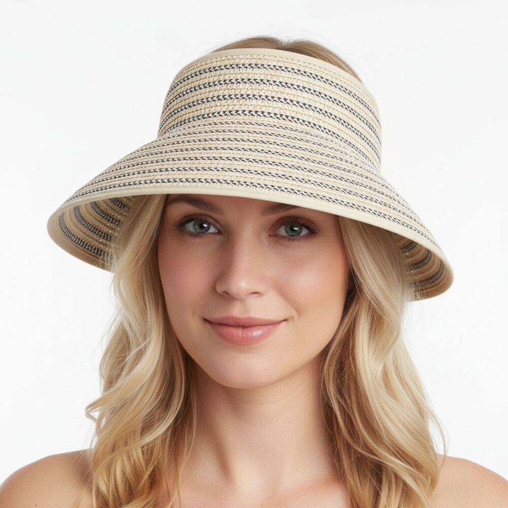 Magid Hats Tan & Blue Woven Rolled Visor Travel Hat NEW